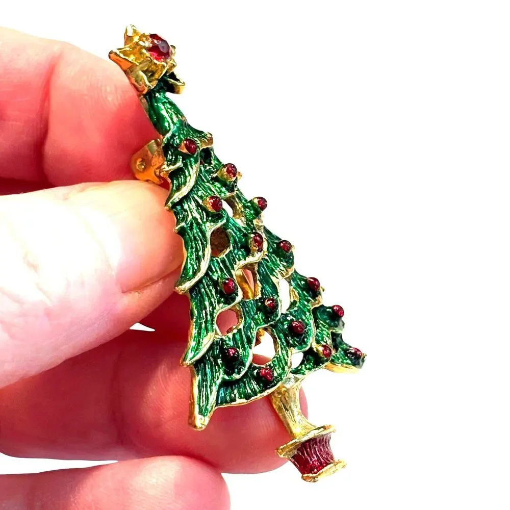 Vintage Christmas tree brooch goldtone green enamel red rhinestones holiday pin